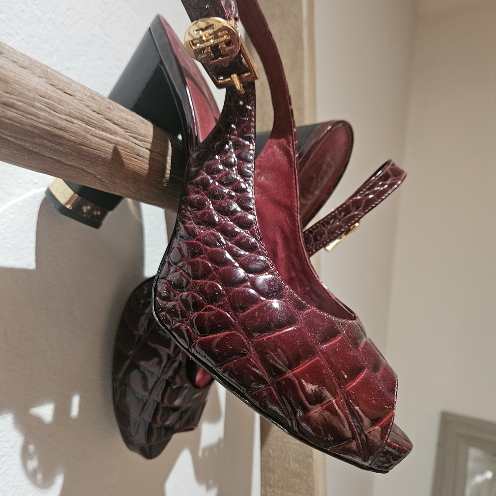 Tory Burch Burgundy Croc-Embossed Slingback Heels